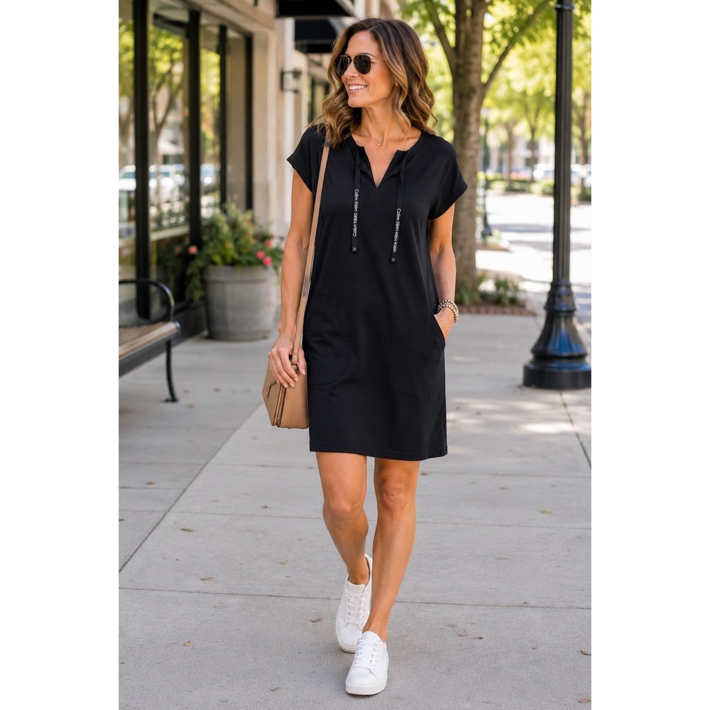Calvin Klein Performance Womens Black Short Sleeve Drawstring V-Neck Dress L NEW